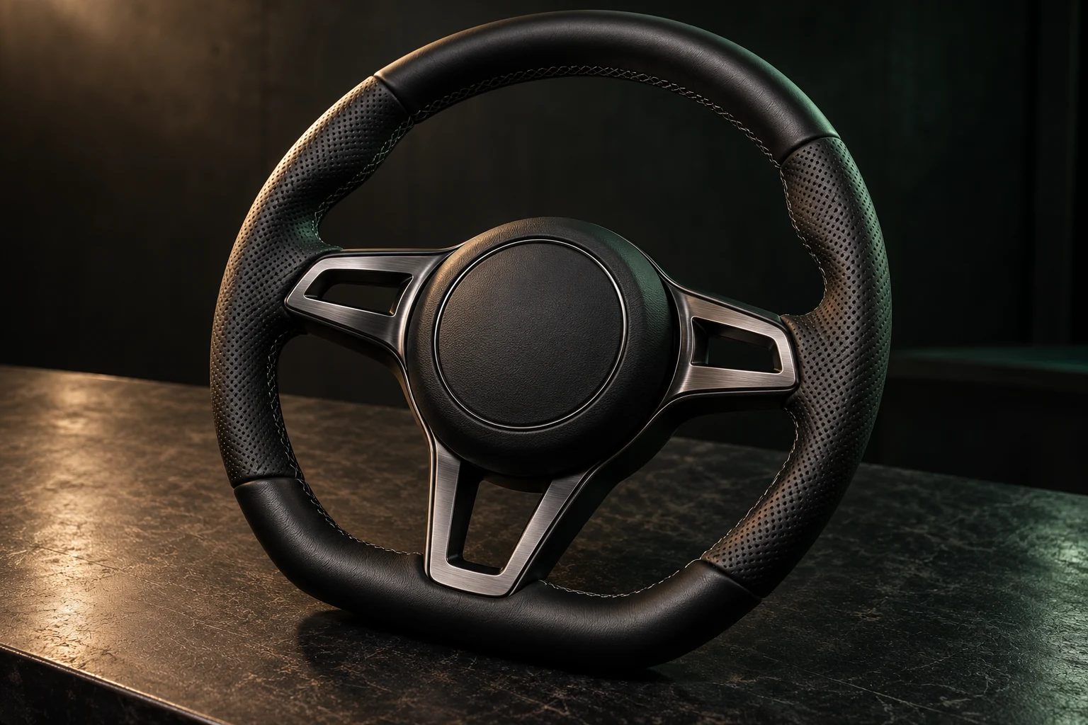 Imagem ilustrativa de volante em couro preto, com detalhes de costura e acabamento metálico